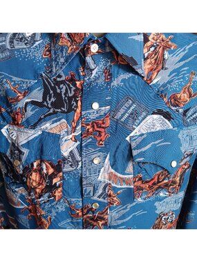 True Vintage Western Shirt Medium Rayon Cowboy Print 1970's Kennington Hippie